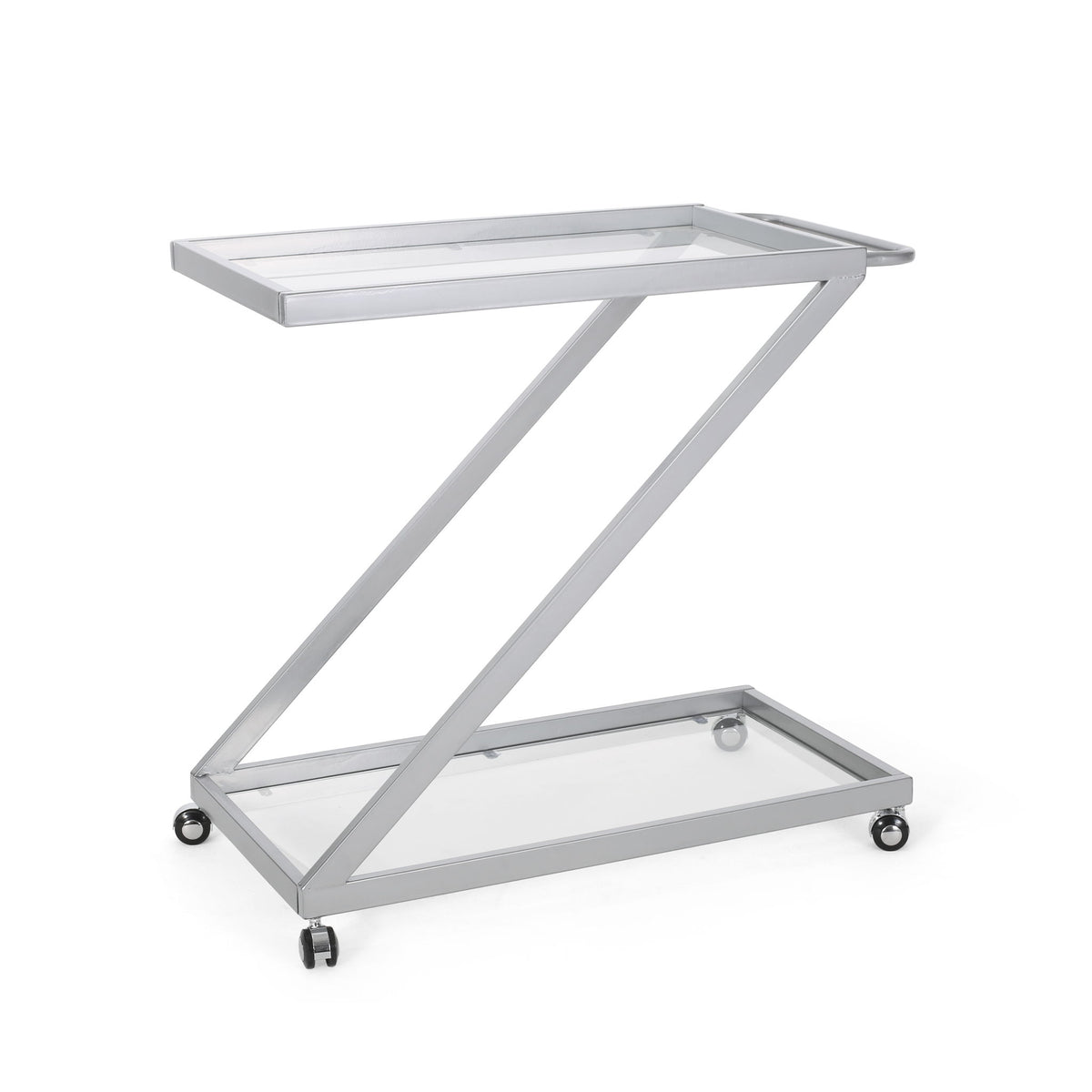 Modern Z Shaped Bar Cart With Tempered Glass Shelves - Silver