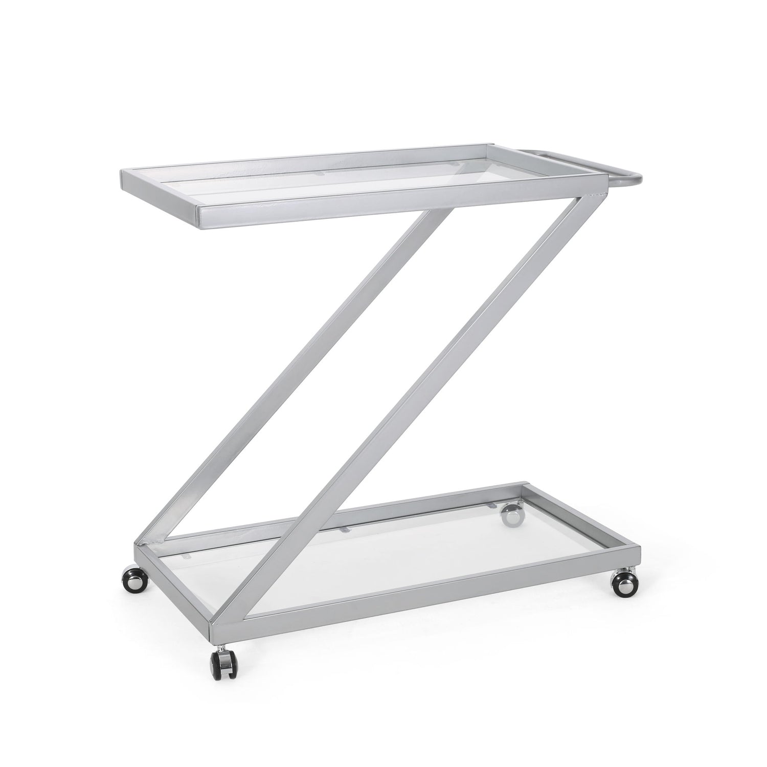 Modern Z Shaped Bar Cart With Tempered Glass Shelves - Silver