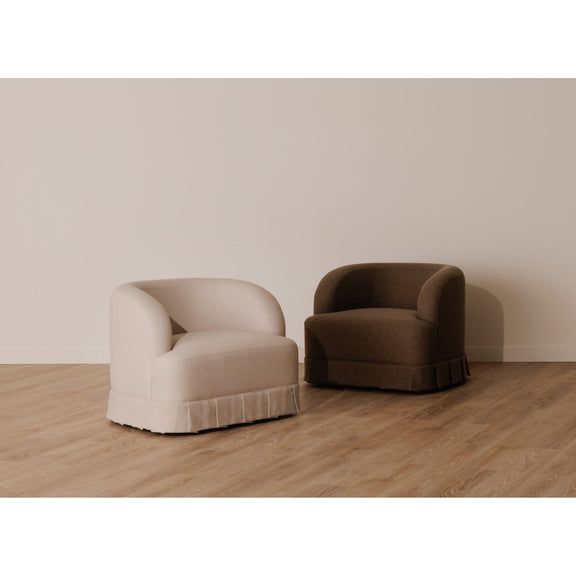 Dark brown fabric swivel accent chair with rounded back and cushioned seat