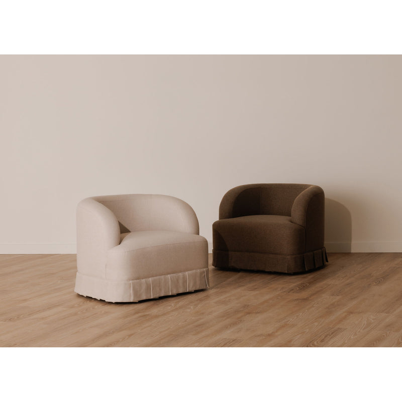 Dark brown fabric swivel accent chair with rounded back and cushioned seat