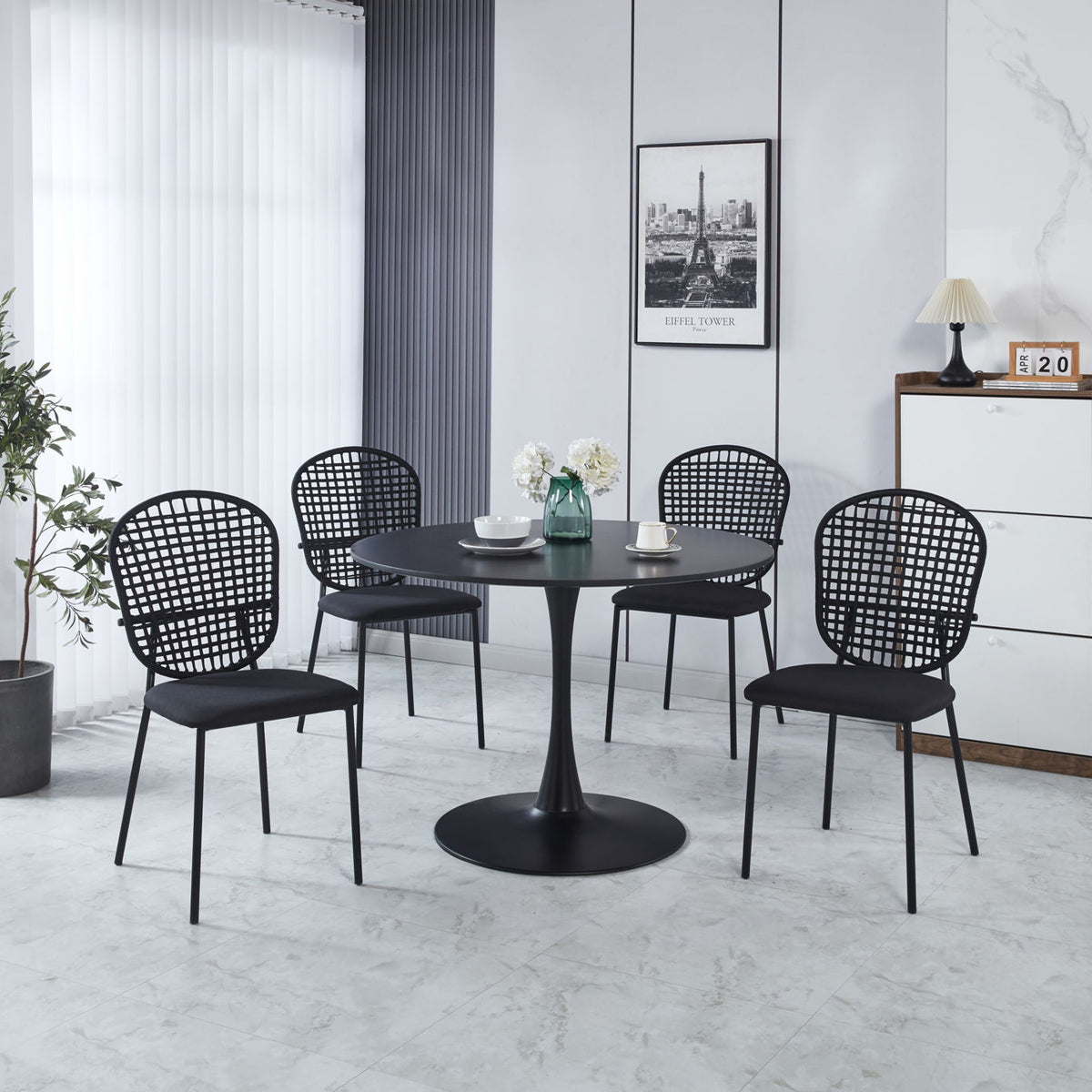 5 Pieces Dining Set, Table Metal Leg Mid-Century Dining Table For 4 - 6 People With MDF Table Top, Pedestal Dining Table, End Table Leisure Coffee Table - Black