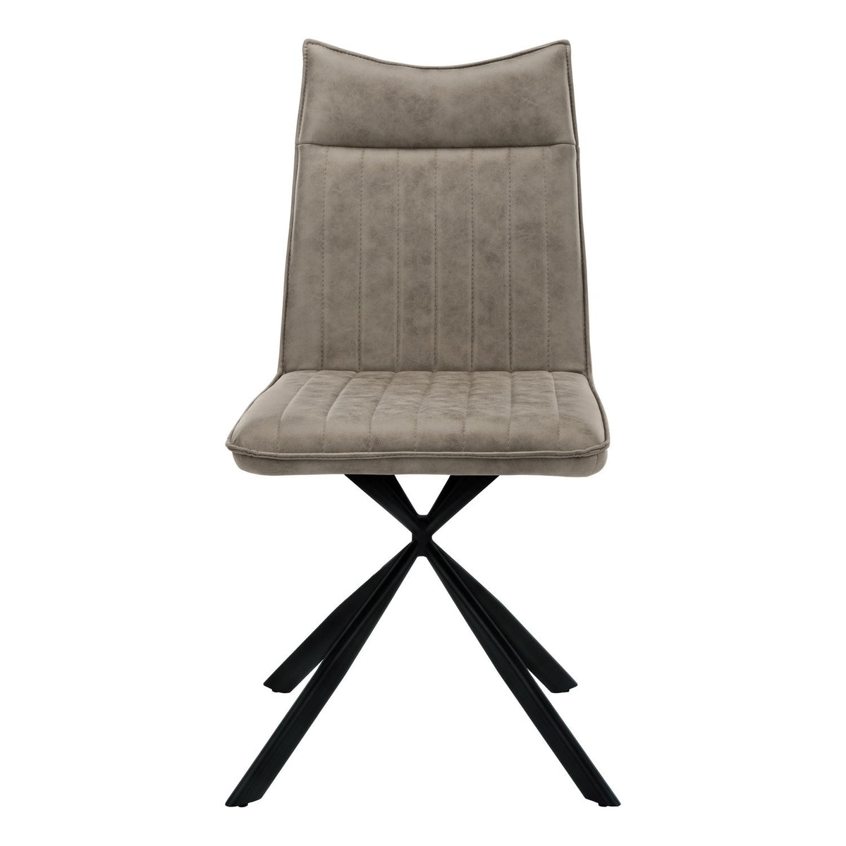 Upholstered dining chair in light brown with vertical stitching and black cross legs