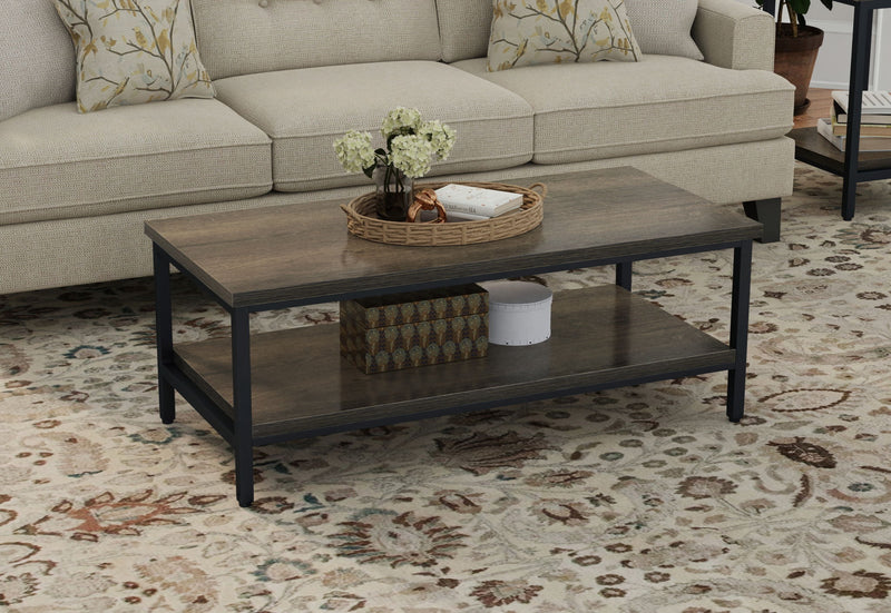 Brown solid wood coffee table with open lower shelf and dark metal-style legs