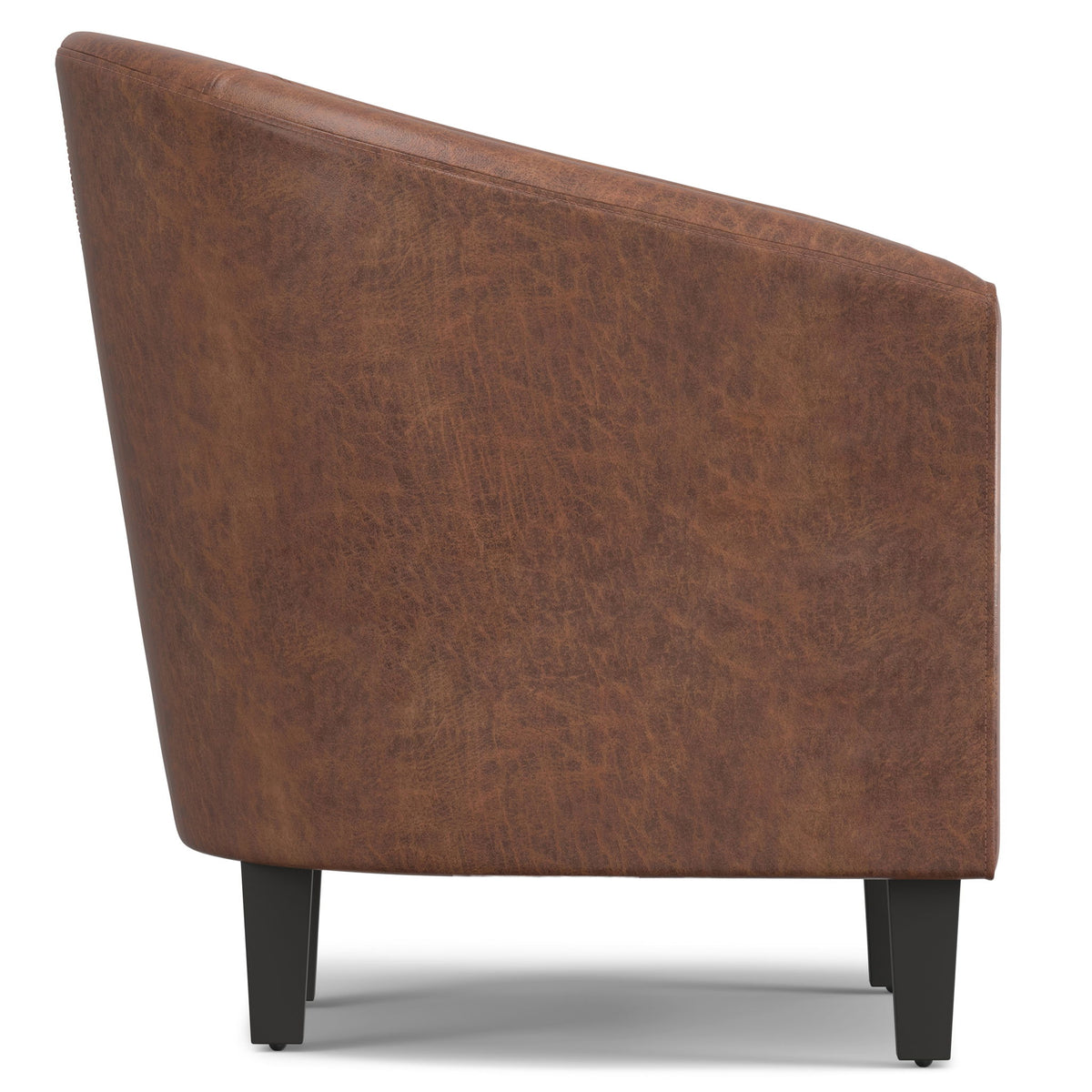 Light brown upholstered tub chair with rounded back, padded seat, and dark legs.
