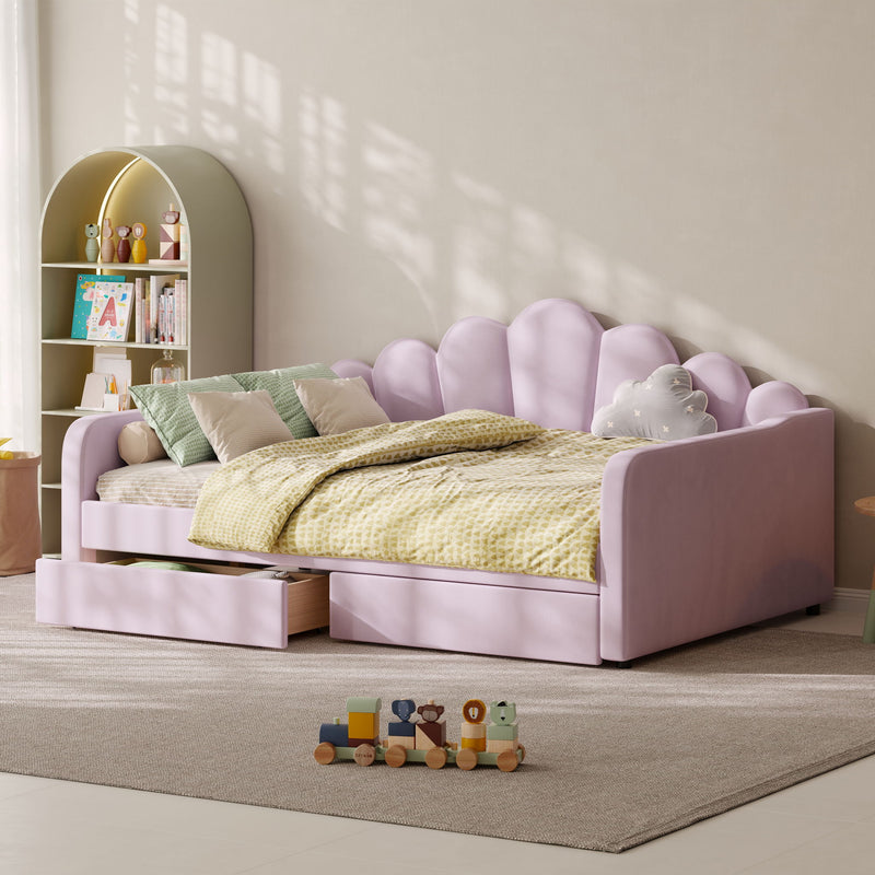 Lavender upholstered daybed frame with tufted shell back and built-in storage drawers