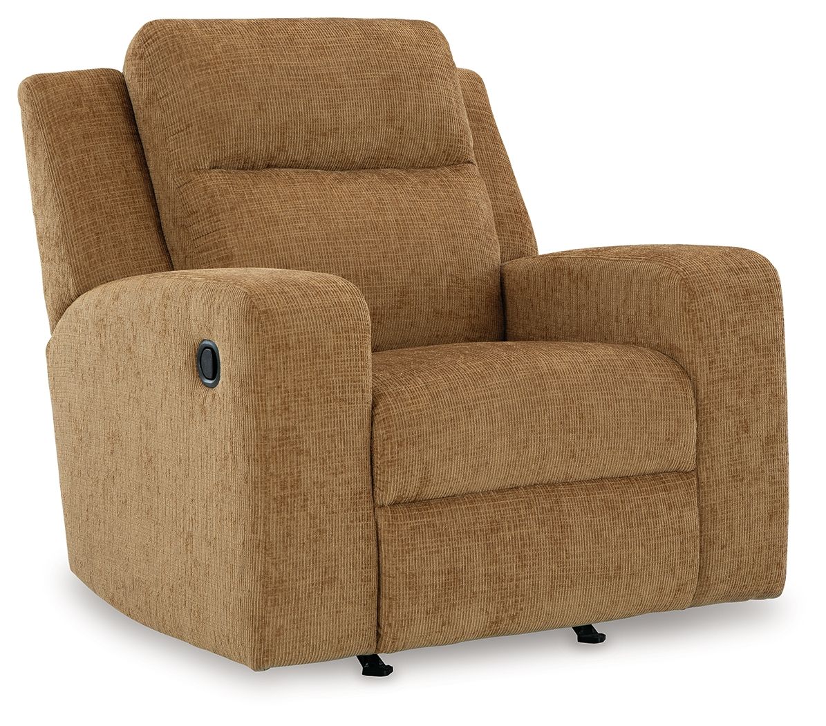 Honey brown upholstered rocker recliner chair with padded armrests and headrest