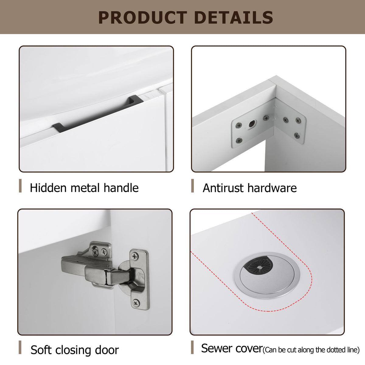 White vanity door details: hidden metal handle and soft-closing hinges, with drain cover