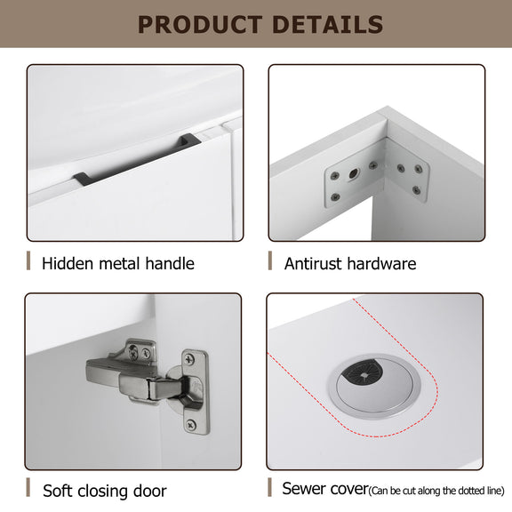 White vanity door details: hidden metal handle and soft-closing hinges, with drain cover
