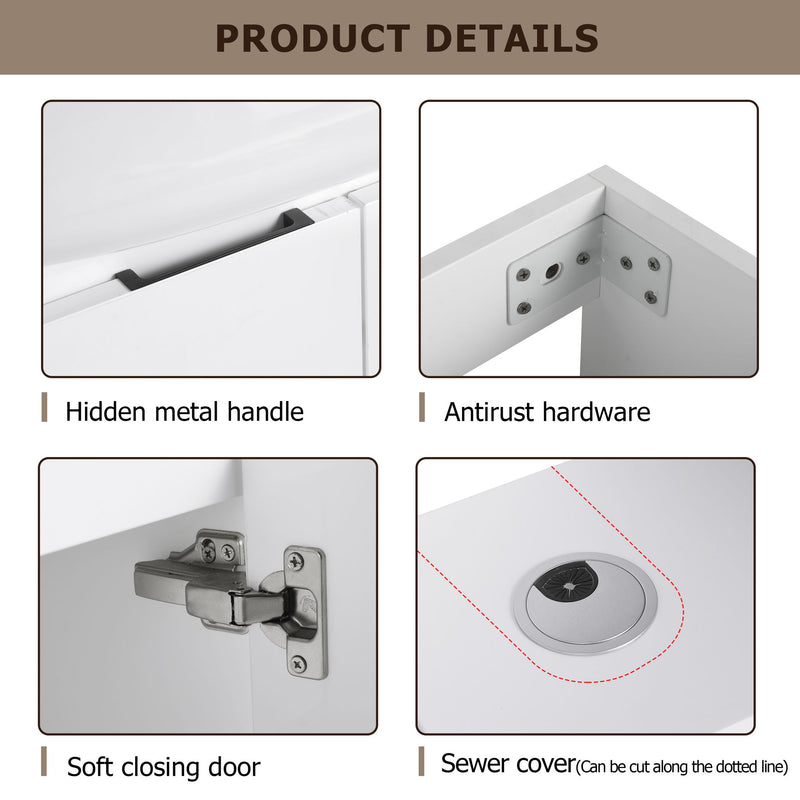 White vanity door details: hidden metal handle and soft-closing hinges, with drain cover