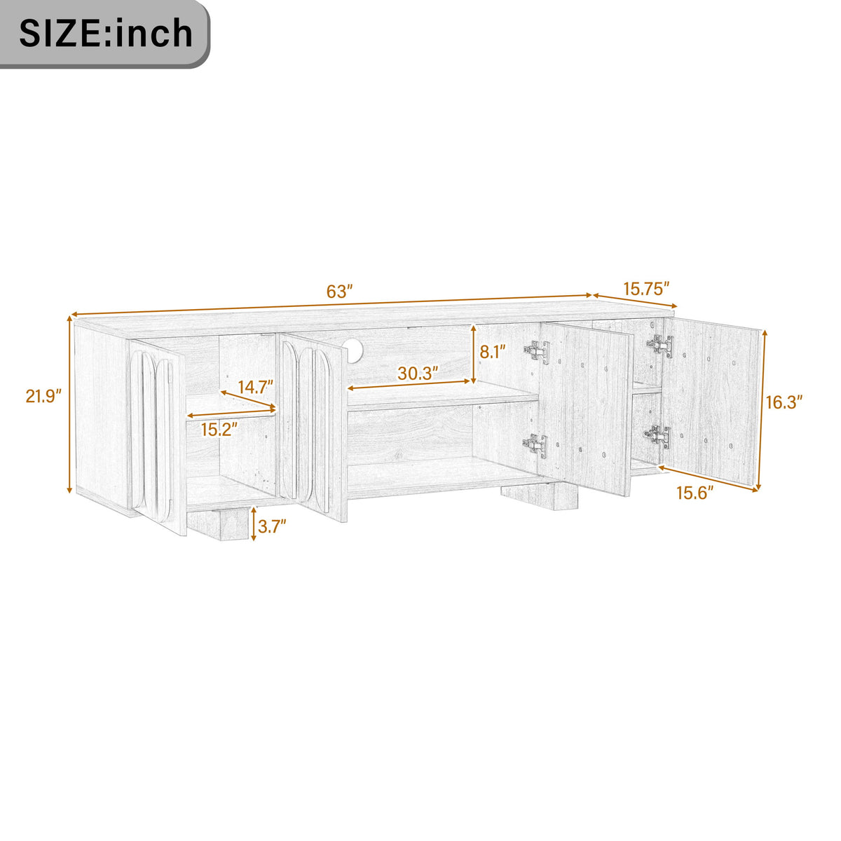 Farmhouse TV stand size diagram with adjustable interior shelves and door layout