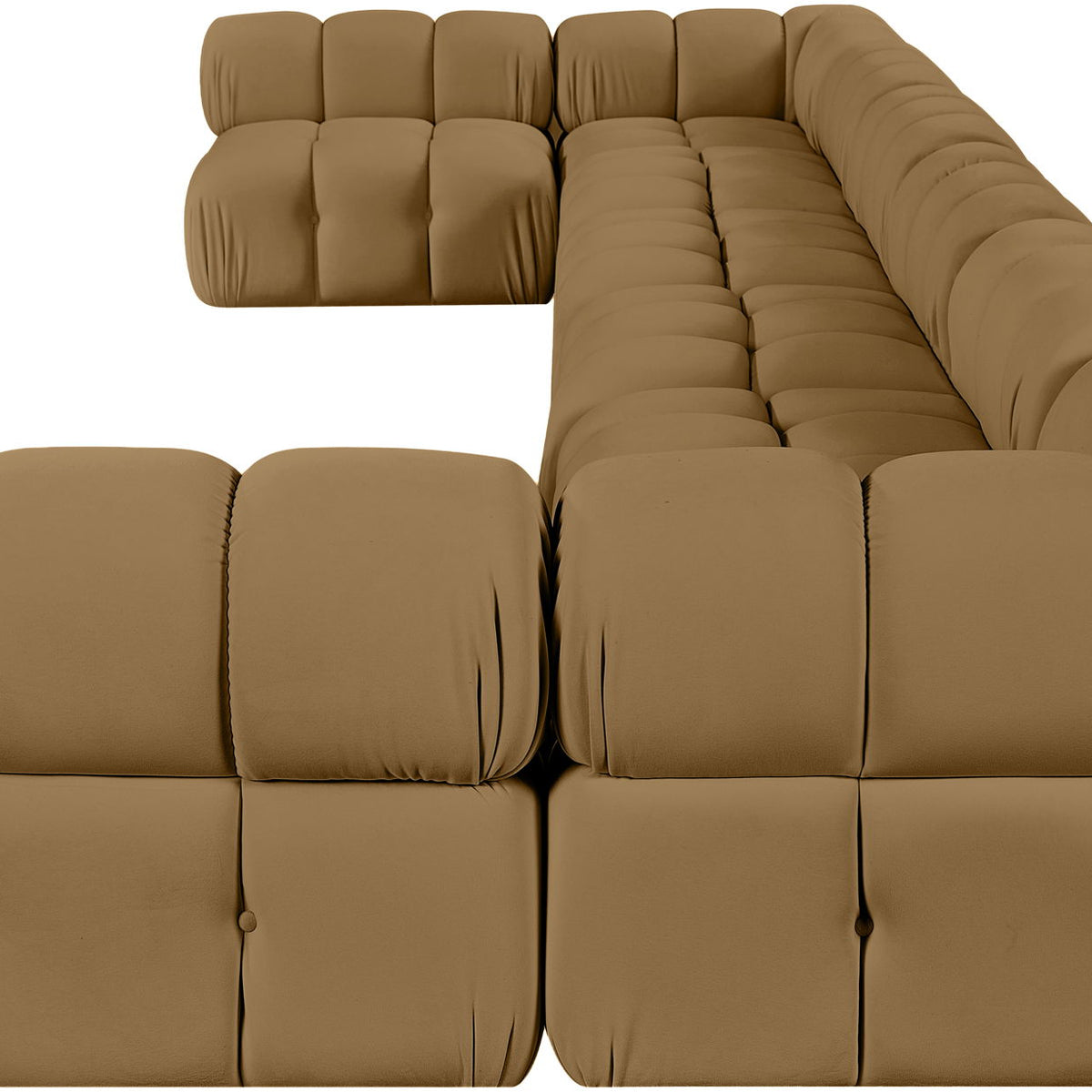 Tan modular sectional sofa close-up of cushioned seat and back panels