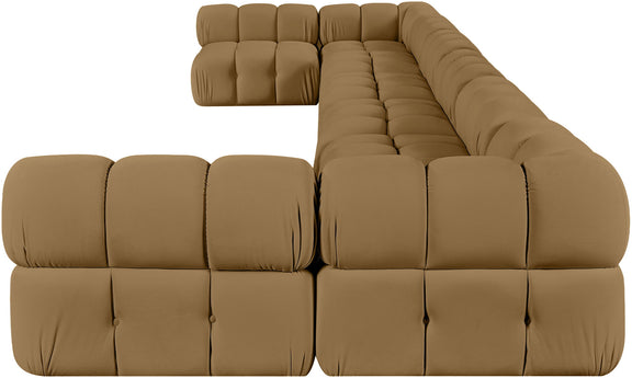 Tan modular sectional sofa close-up of cushioned seat and back panels