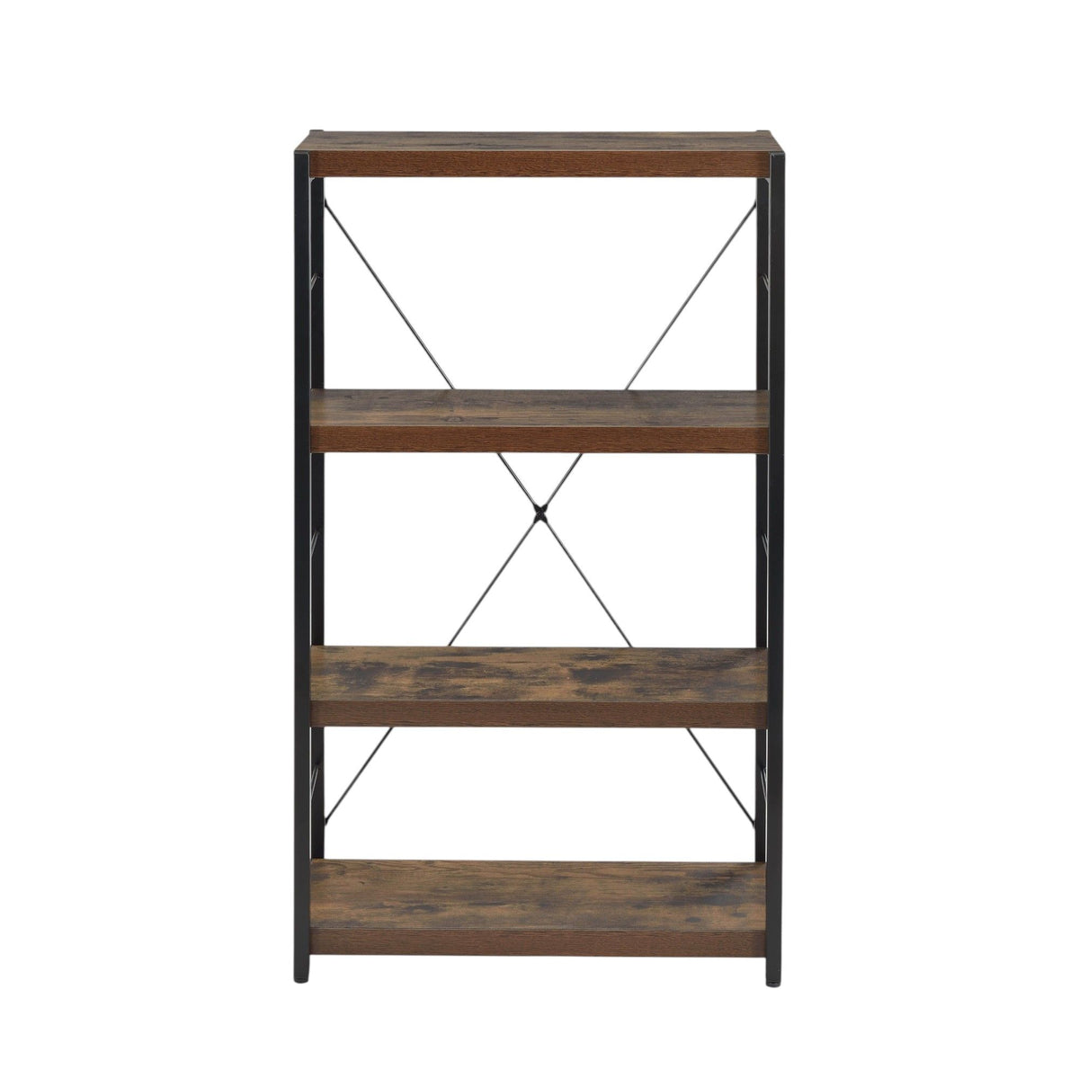 Weathered oak and black metal bookshelf with four open shelves and X brace panels