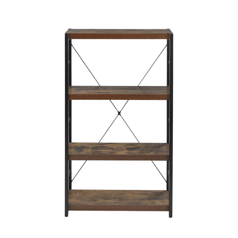 Weathered oak and black metal bookshelf with four open shelves and X brace panels