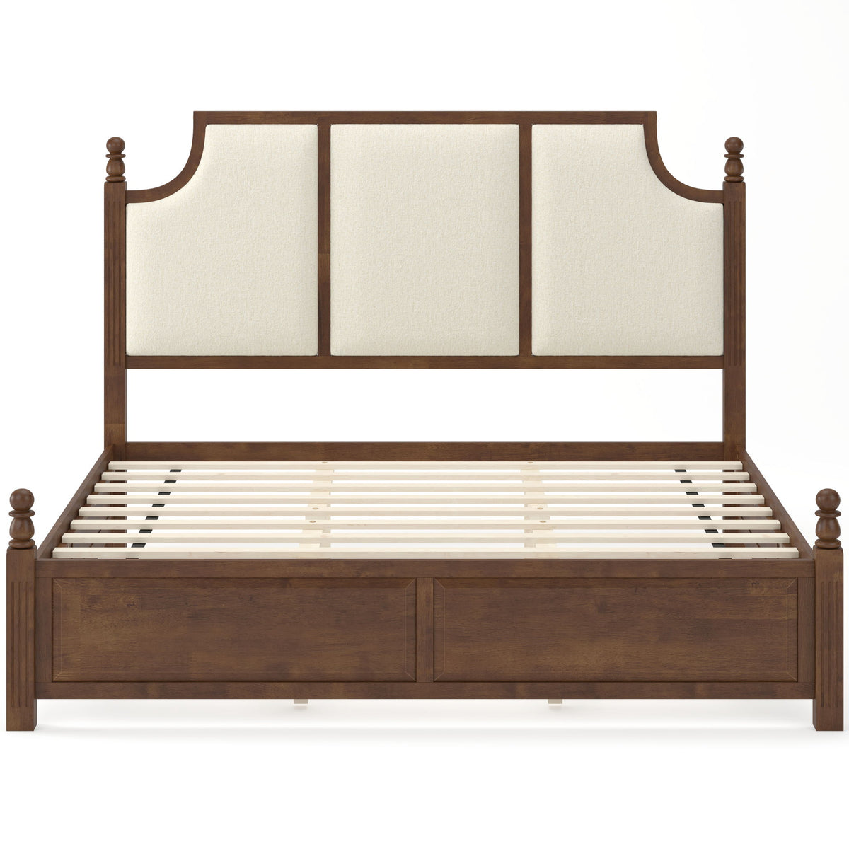 Upholstered platform bed frame with tall headboard, dark brown wood, cream panels