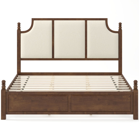Upholstered platform bed frame with tall headboard, dark brown wood, cream panels