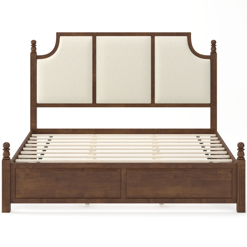 Upholstered platform bed frame with tall headboard, dark brown wood, cream panels