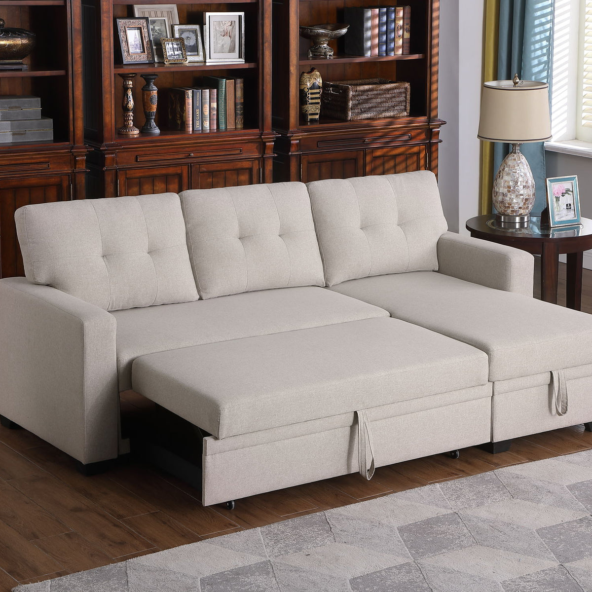 Upholstered Pull Out Sectional Sofa With Chaise