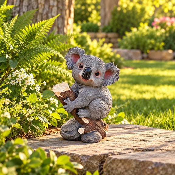 Koala garden statue hugging a log, shown on a stone patio.