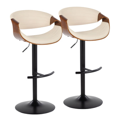 Adjustable barstool set of two with beige curved seats, black bases, wood accents, swivel footrest