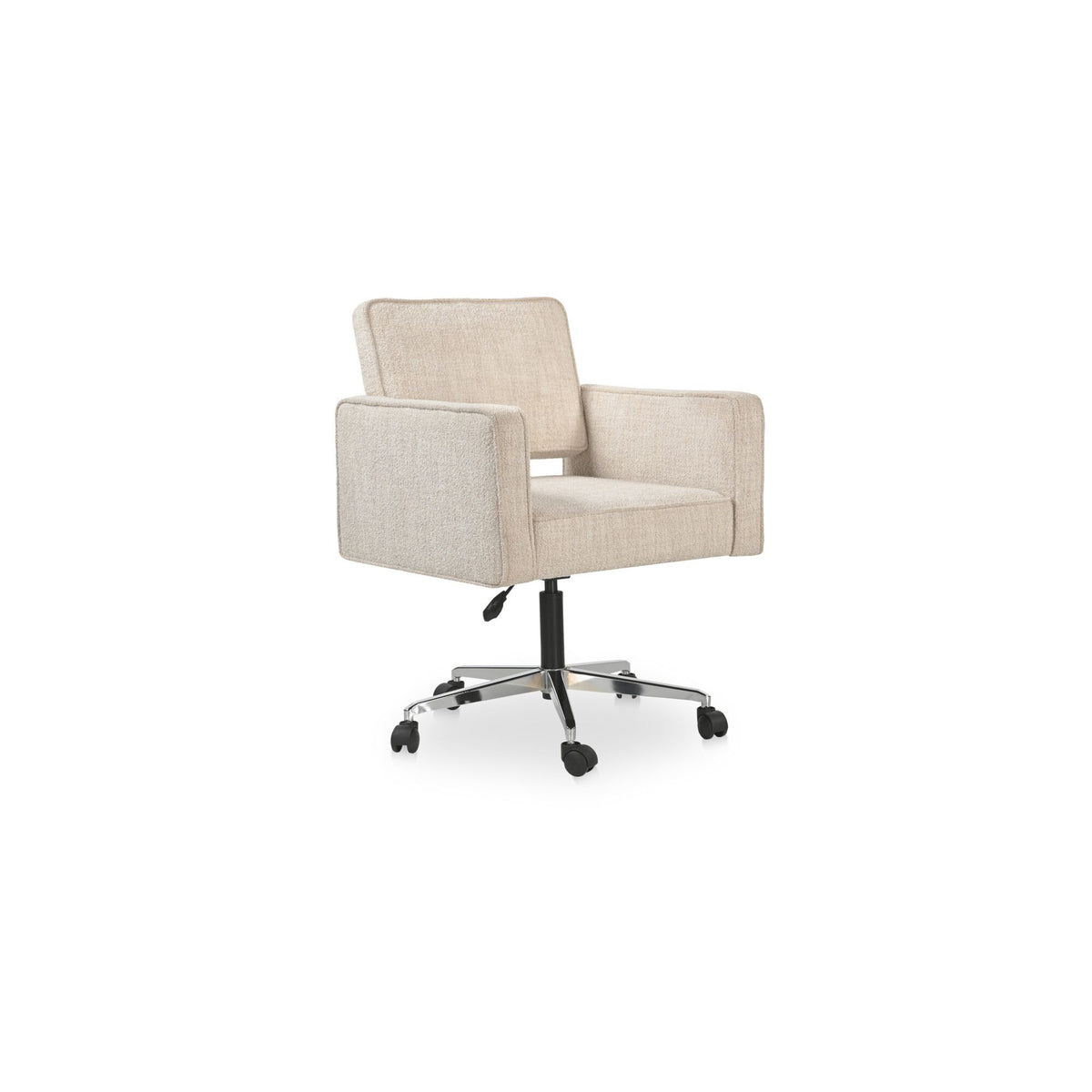 Beige upholstered office chair with armrests, swivel base, and caster wheels