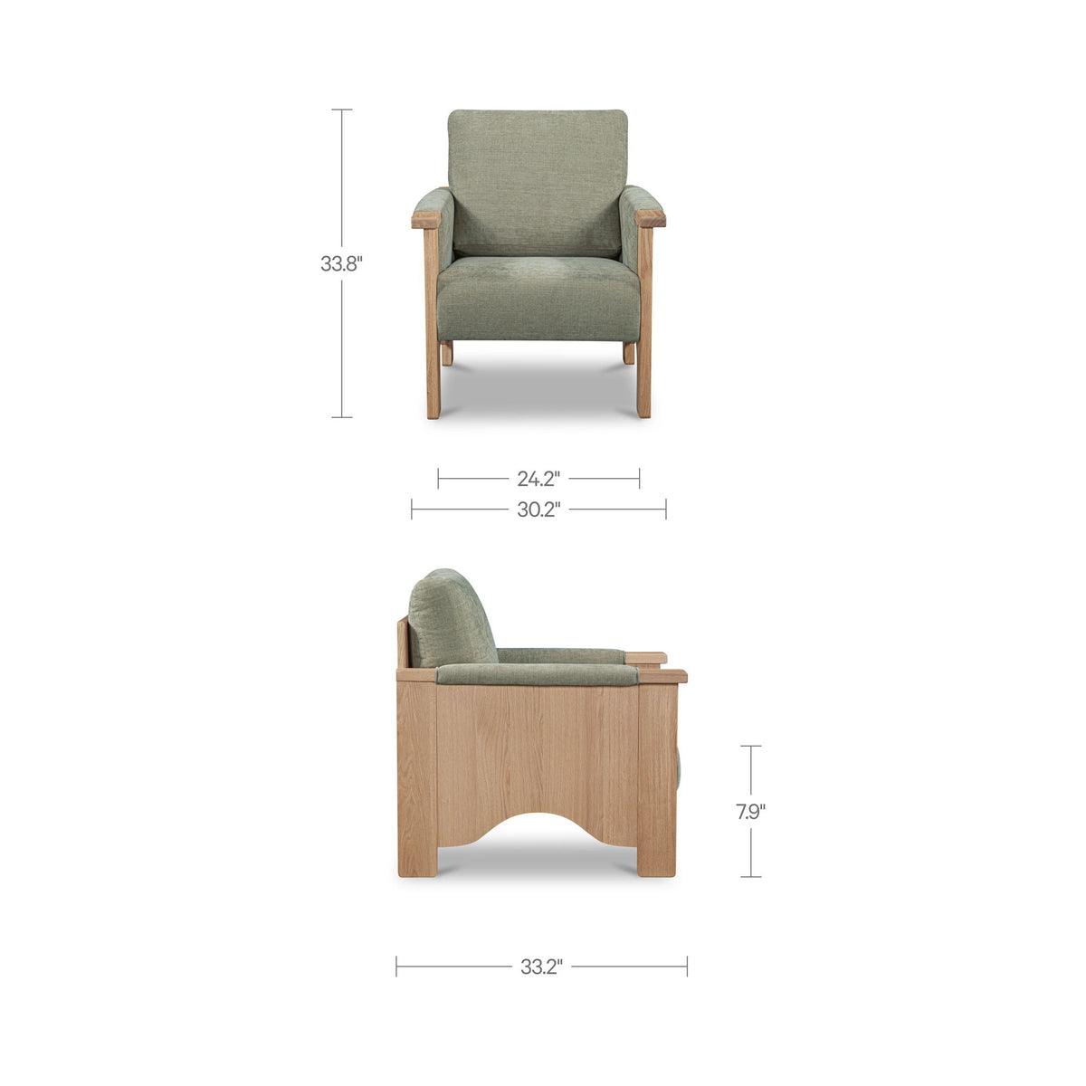 Sage green accent chair with light brown wooden arms and square legs.