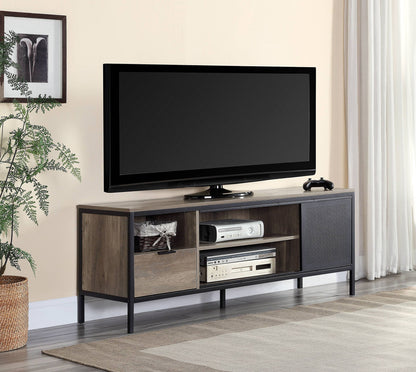 Light brown rustic TV stand with open shelves, center media area, and dark side panels.