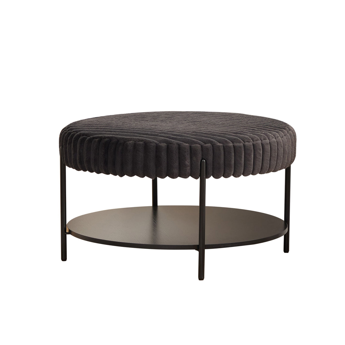 Dark gray round upholstered ottoman coffee table with storage shelf and black legs