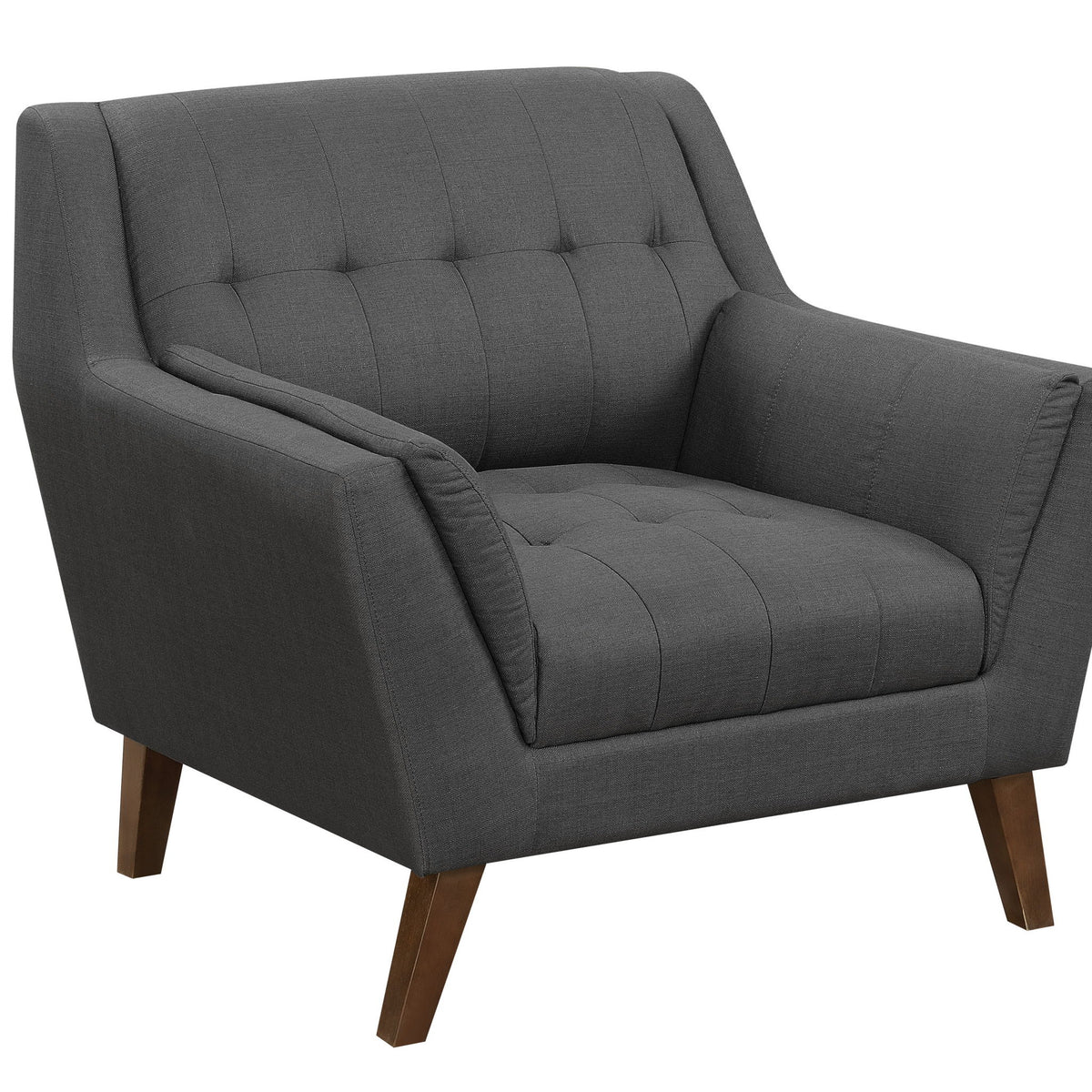 Dark gray accent chair with tufted back, padded arms, and wooden legs
