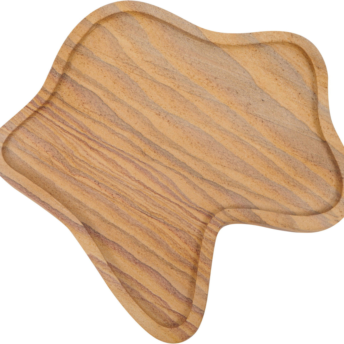 Warm light brown marble tray with striped grain pattern and rounded edges.