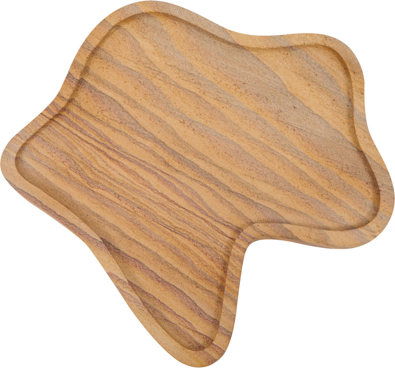 Warm light brown marble tray with striped grain pattern and rounded edges.