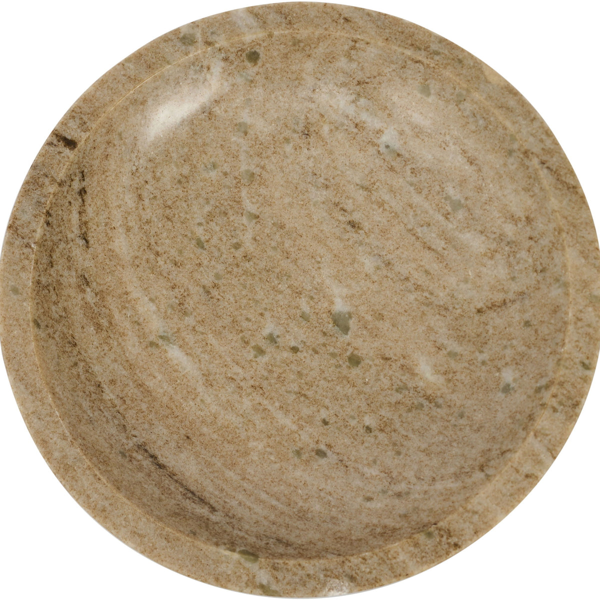 Beige marble round bowl with veined stone pattern and shallow rim
