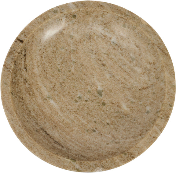 Beige marble round bowl with veined stone pattern and shallow rim