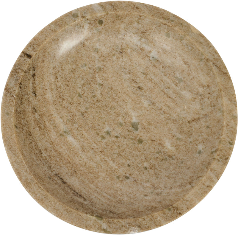 Beige marble round bowl with veined stone pattern and shallow rim