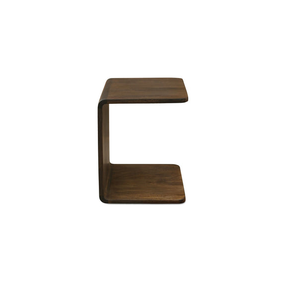 Dark brown wood side table with open shelf, C-shaped frame