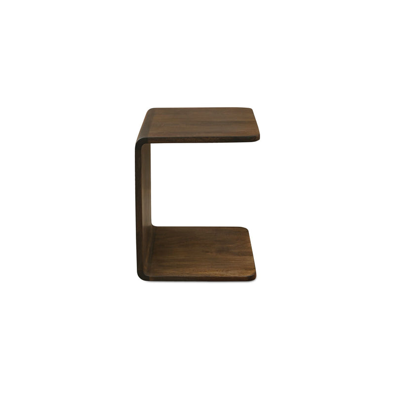 Dark brown wood side table with open shelf, C-shaped frame