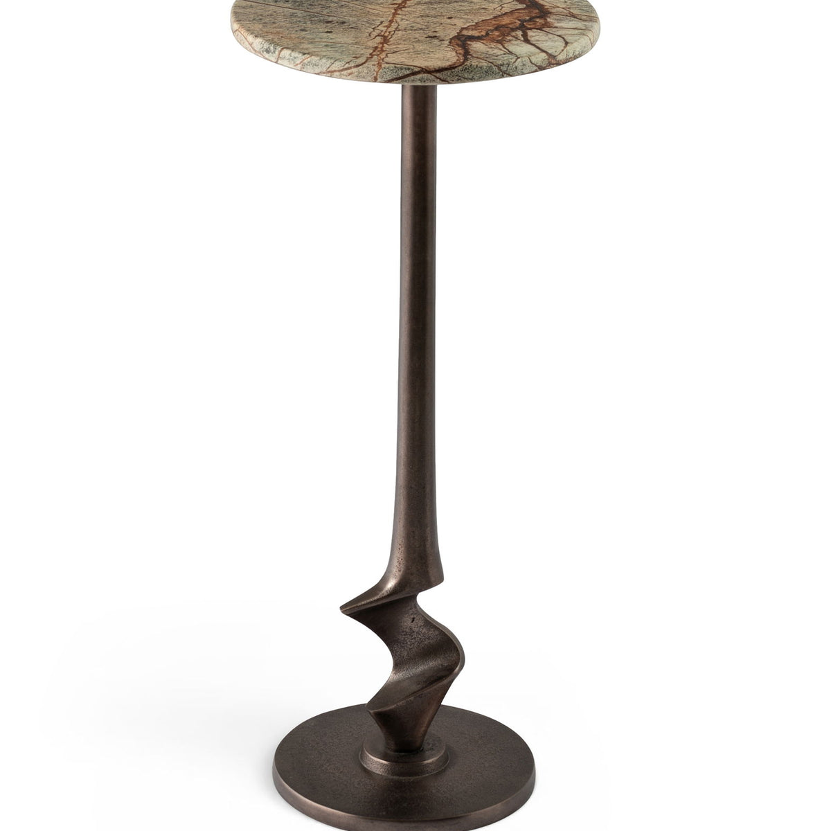 Round aluminum end table with green marbled top and dark bronze twisted pedestal base