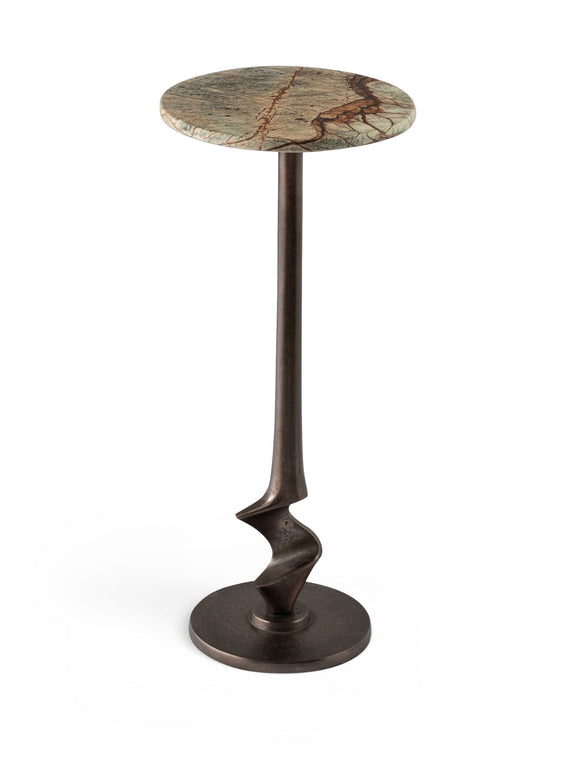 Round aluminum end table with green marbled top and dark bronze twisted pedestal base