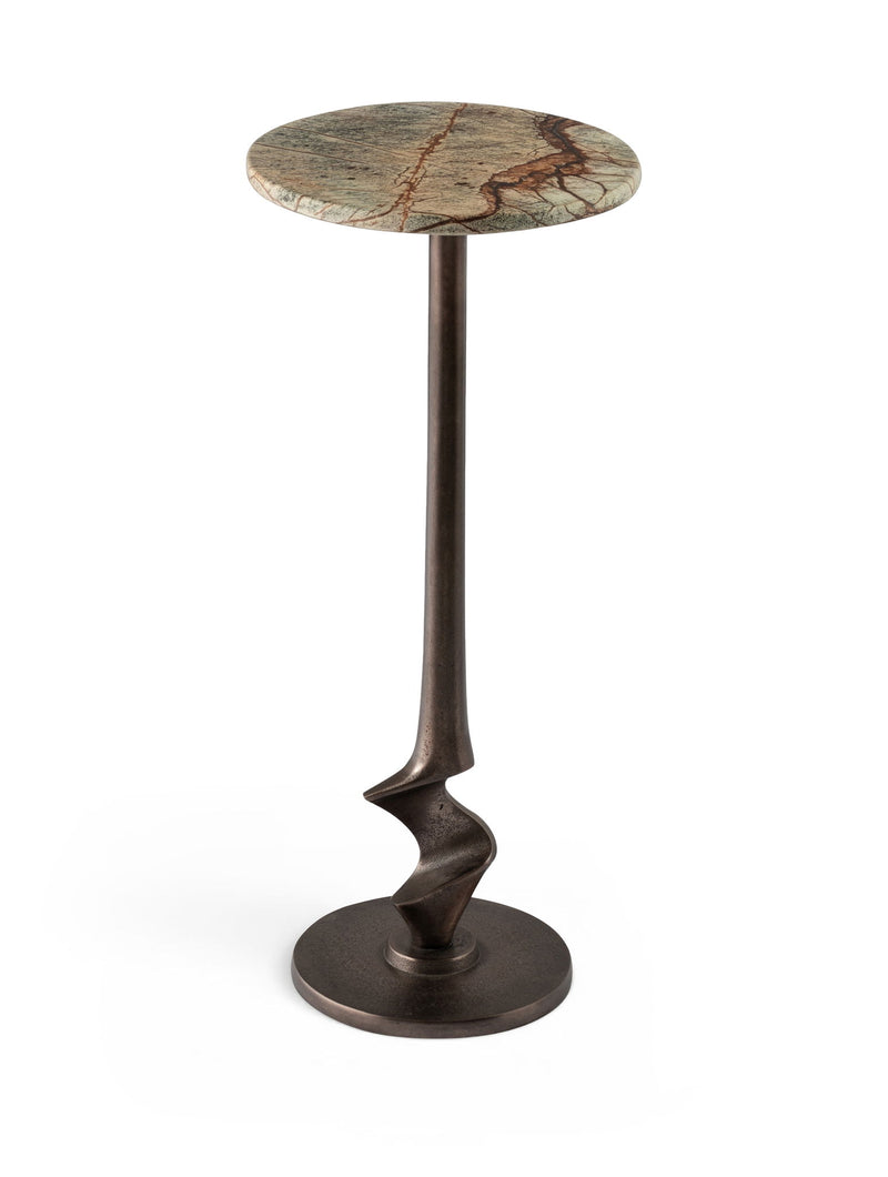 Round aluminum end table with green marbled top and dark bronze twisted pedestal base