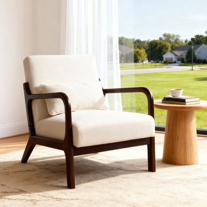 Mid Century Modern Armchair, Accent Chair with Solid Wood Frame and Detachable Lumbar Pillow for Living Room, Bedroom, Office(Beige)Chair Frame with a Brown Finish, Mid-Century Modern