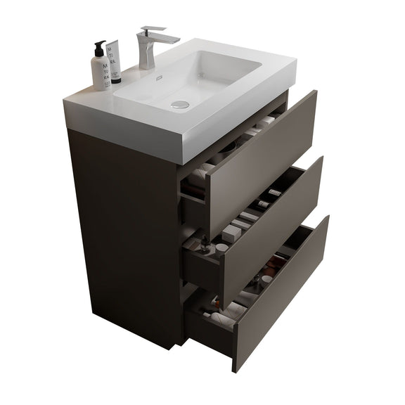 Freestanding bathroom vanity with white sink and open shelving storage, dark cabinet