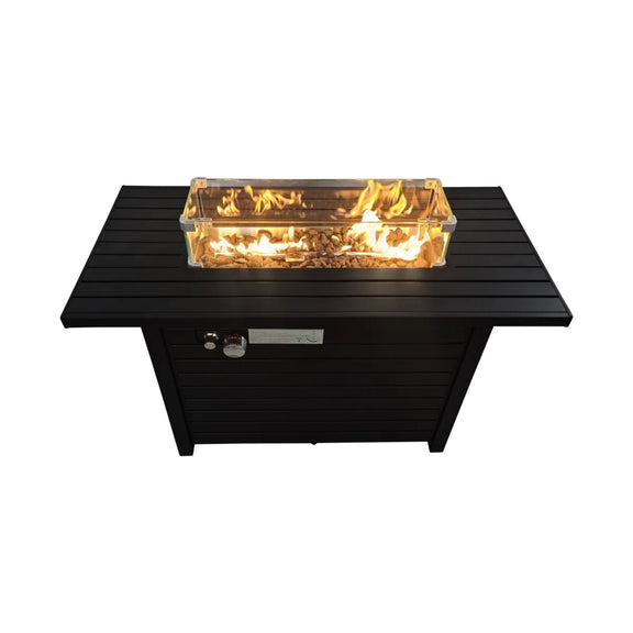 Black propane fire pit table with rectangular burner showing flames