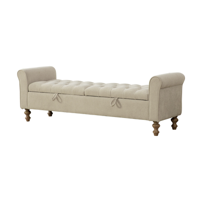 Modern Griege Upholstered Storage Bench with Double Lids, Napped Fabric, Rolled Armrest, Rubberwood Legs, 65.75' Wide for Living Room, Entryway, Dormitory, Bedroom