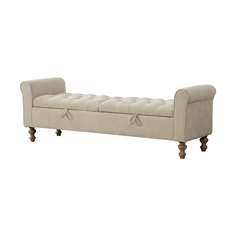Modern Griege Upholstered Storage Bench with Double Lids, Napped Fabric, Rolled Armrest, Rubberwood Legs, 65.75' Wide for Living Room, Entryway, Dormitory, Bedroom