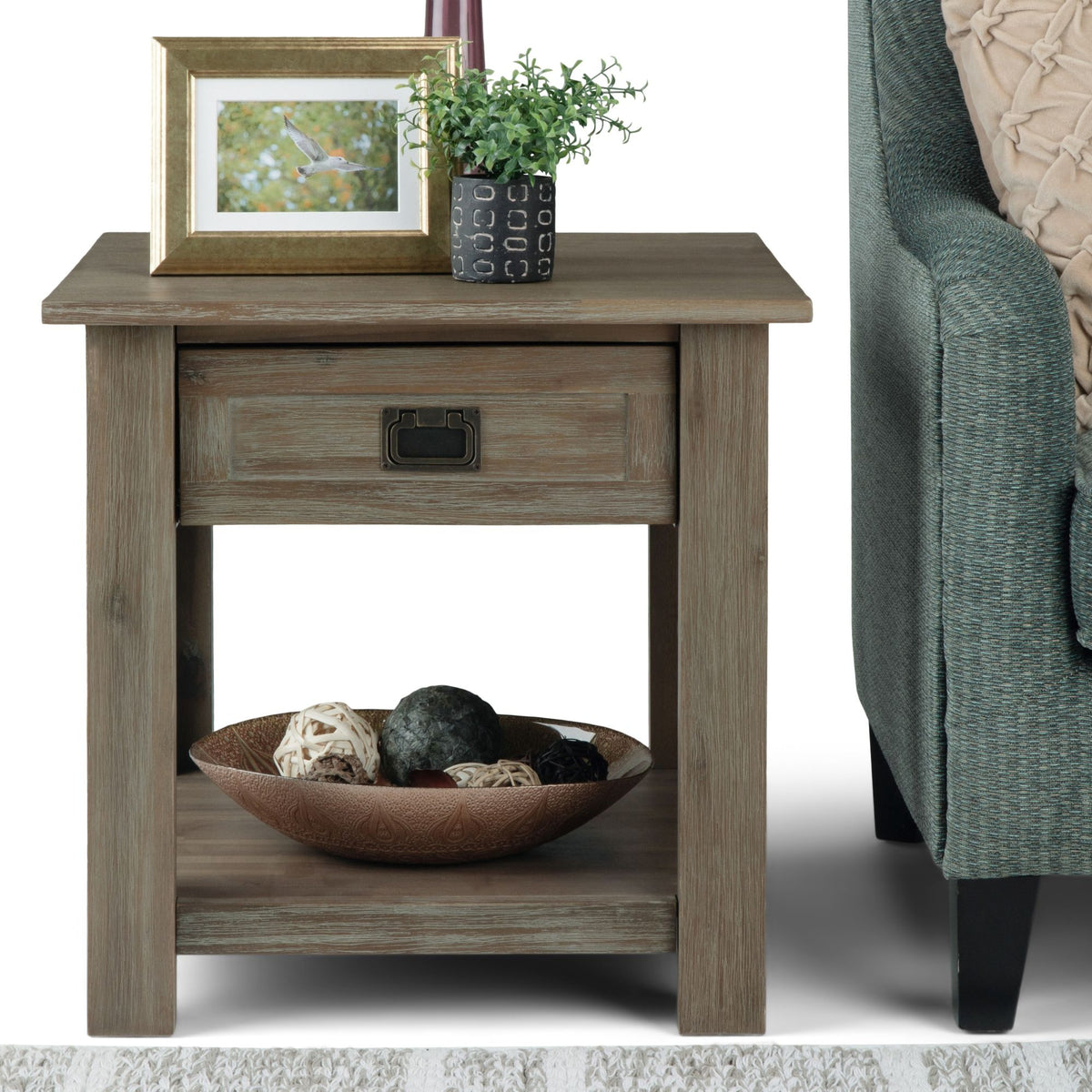 Monroe handcrafted side table, light wood finish with drawer and bottom shelf