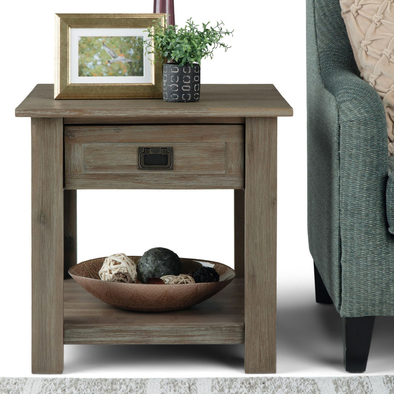 Monroe handcrafted side table, light wood finish with drawer and bottom shelf