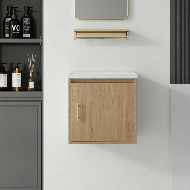 Wall-mounted bathroom vanity cabinet in light wood with white sink and single door