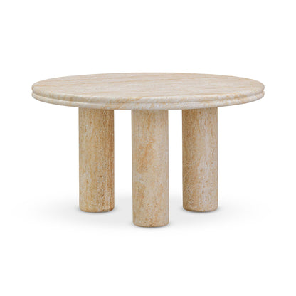 Beige round accent table with textured stone-look top and pedestal legs
