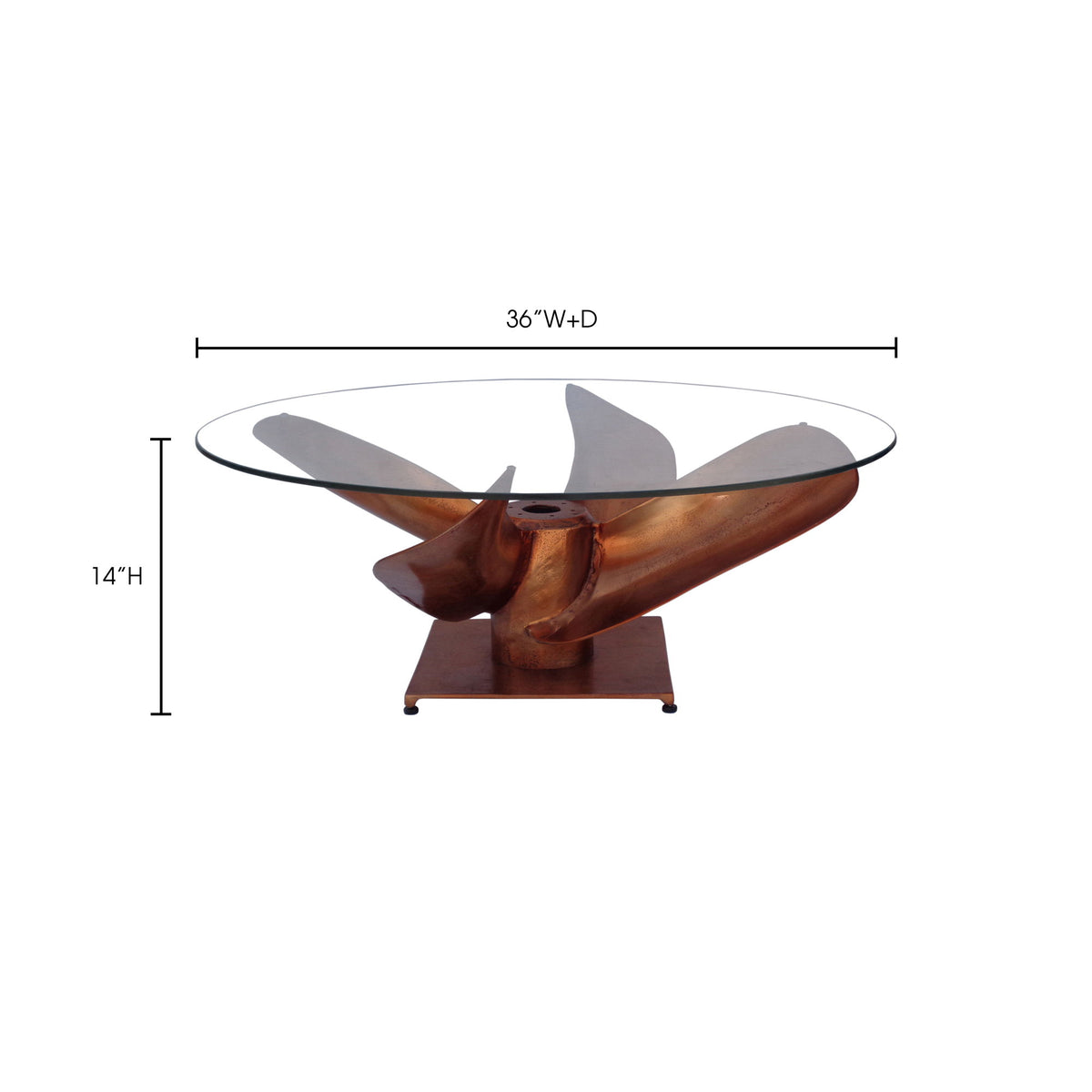 Brown aluminum coffee table with clear glass oval top and tri-blade pedestal base