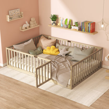 Natural rubber wood floor bed with high safety railings and open door front, slat base